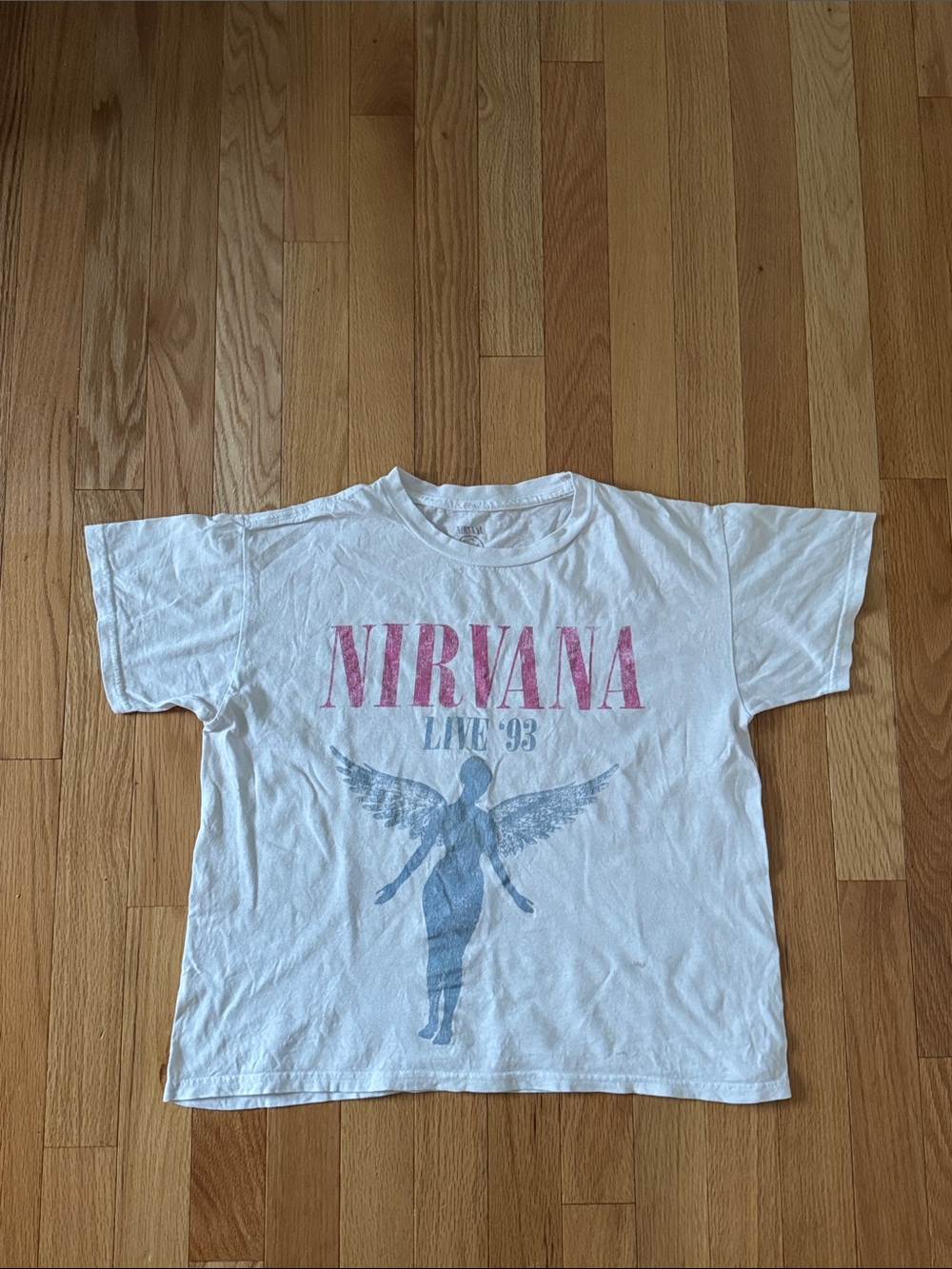 NIRVANA White Tee with Pink Logo and Gray Graphic